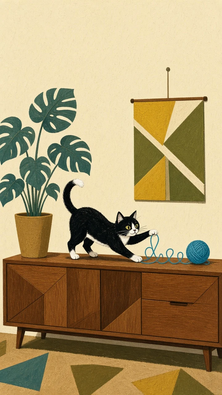 Mid-Century Gouache Illustration of Stylized Cat with Turquoise Yarn