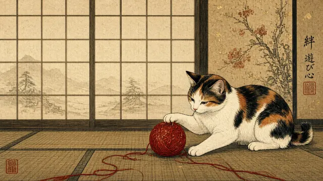 Ukiyo-e Inspired Modern Print of Calico Tapping Vermilion Silk Thread