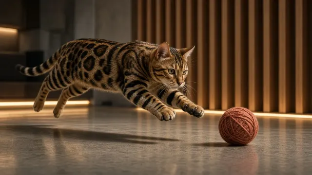 Dynamic Bengal Cat Leaping toward Terracotta Yarn on Polished Concrete