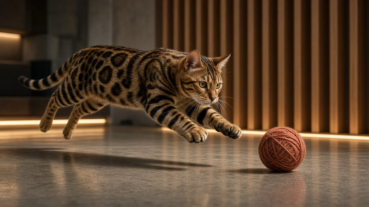 Dynamic Bengal Cat Leaping toward Terracotta Yarn on Polished Concrete