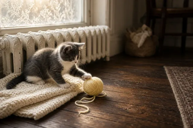 Gray Tuxedo Kitten Playing with Butter-Yellow Yarn near Cast Iron Radiator