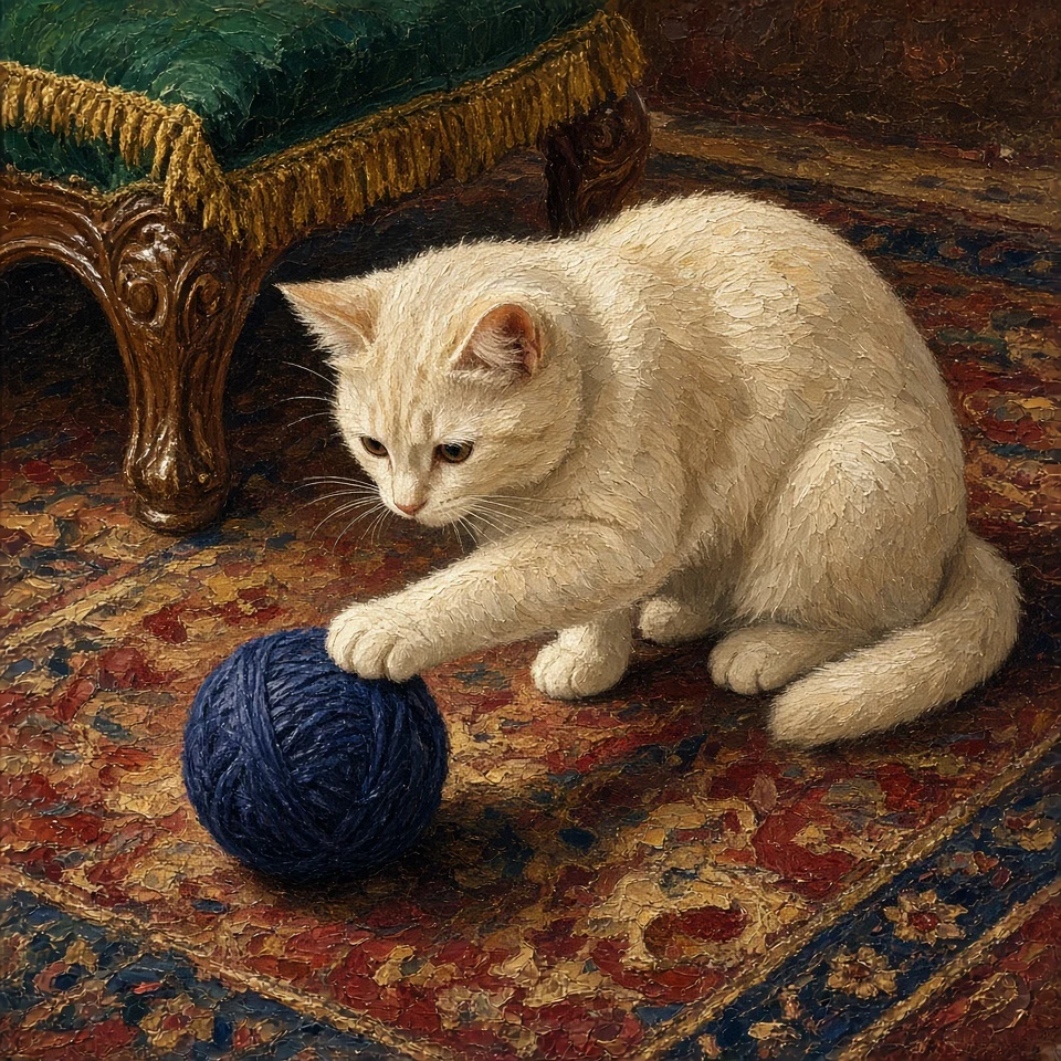 Oil Painting of Cream Cat Investigating Deep Navy Yarn Spilled from Armchair