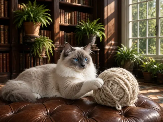 Cinematic Ragdoll Cat Nudging Oatmeal Roving Yarn in Sunlit Library