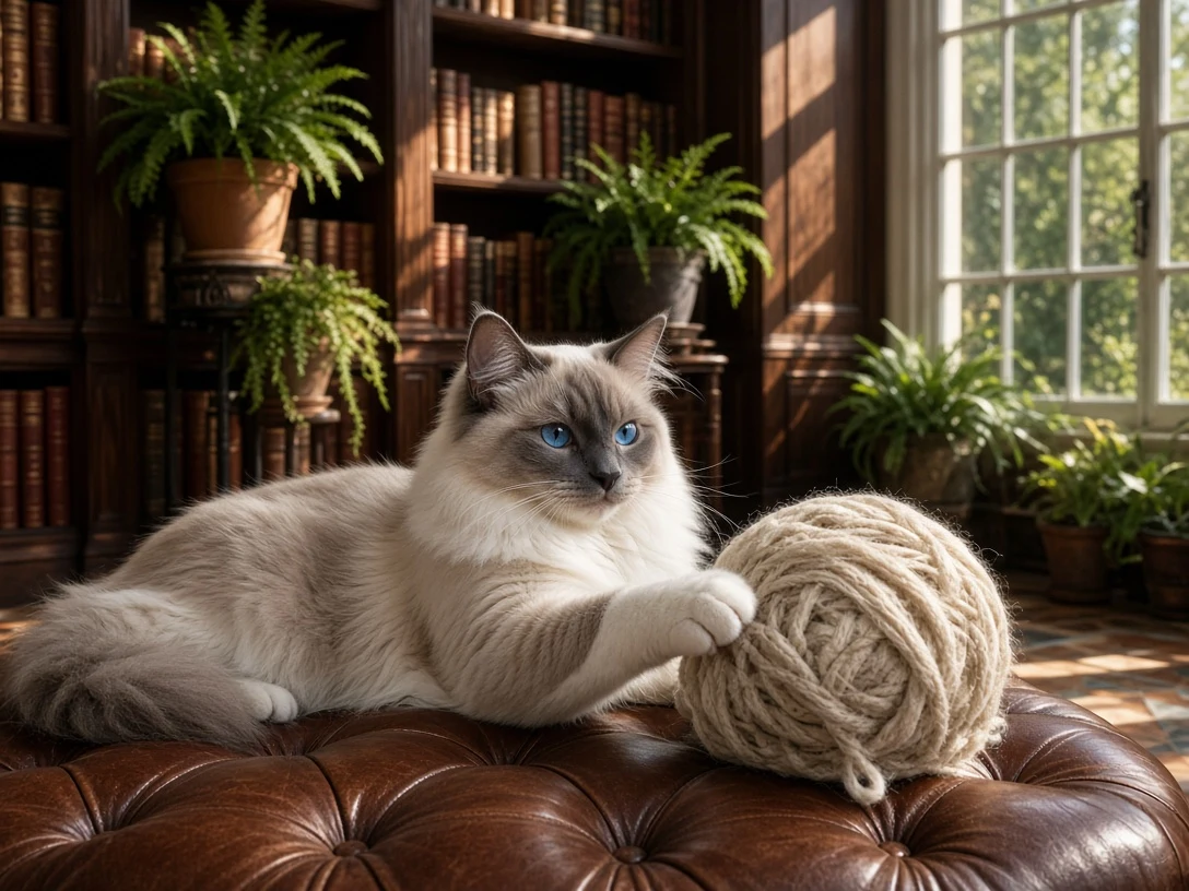 Cinematic Ragdoll Cat Nudging Oatmeal Roving Yarn in Sunlit Library