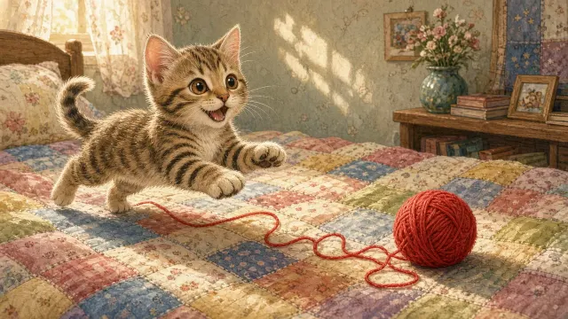 Whimsical Children's Book Illustration of Spotted Kitten and Scarlet Yarn