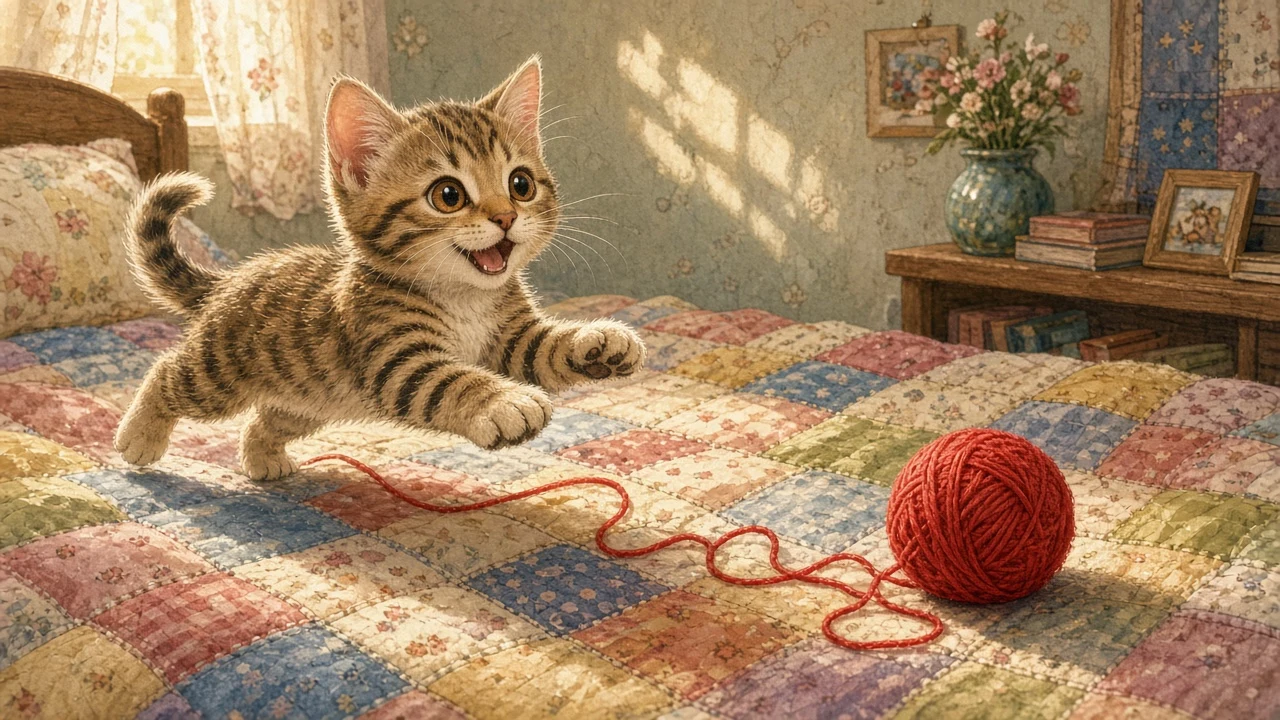 Whimsical Children's Book Illustration of Spotted Kitten and Scarlet Yarn