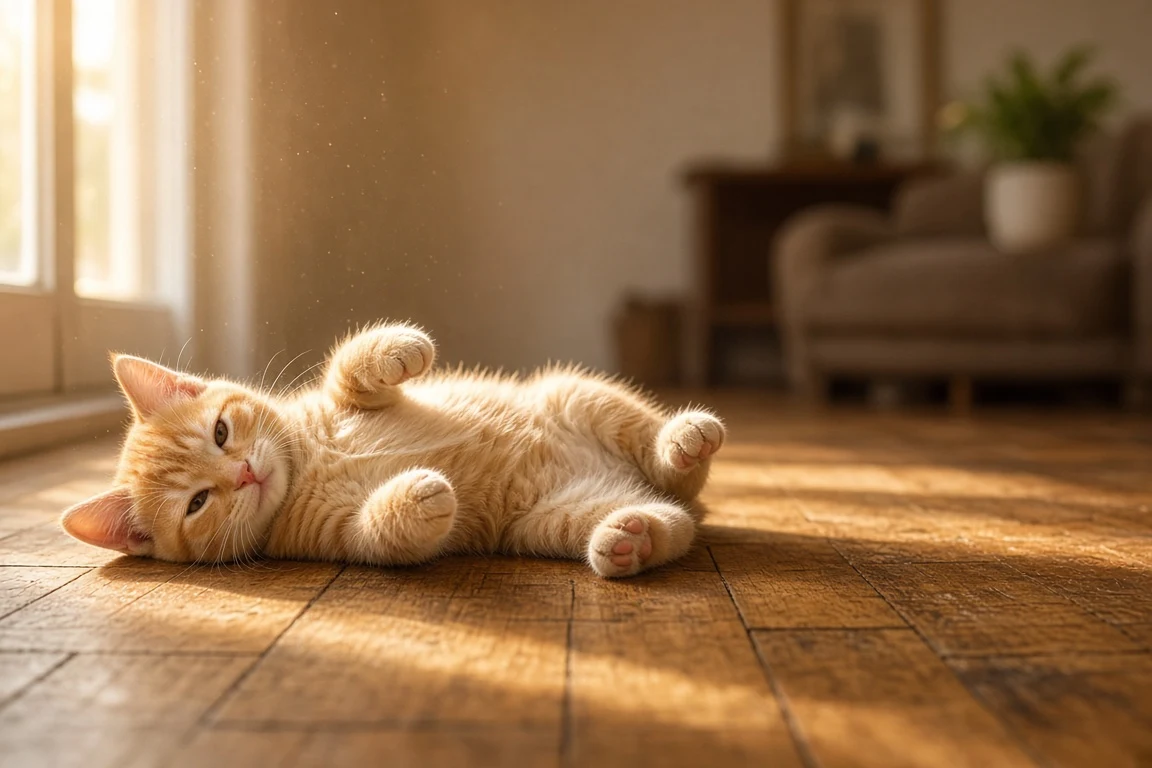 Sunlit Amber Glow on Reclined Ginger Kitten Kneading Air
