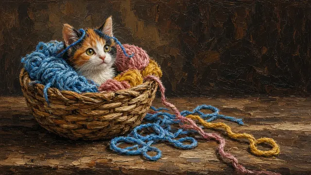 Calico Kitten Tucked Inside Wool Yarn Basket Impasto Oil Painting