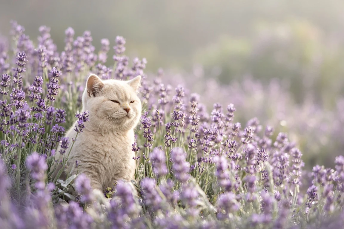 Cream British Shorthair Exploring Purple Cottage Lavender Garden