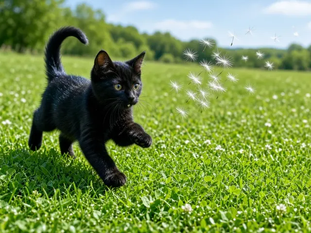 Playful Black Kitten Chasing Airborne Dandelion Fluff Across Meadow