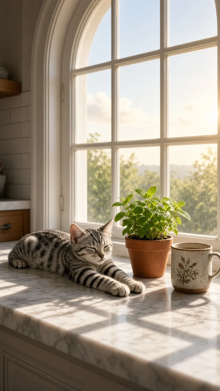 Silver Tabby Stretching Luxuriously on Sun-Drenched Kitchen Windowsill
