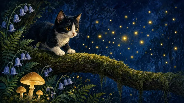 Whimsical Storybook Gouache of Tuxedo Kitten and Golden Fireflies