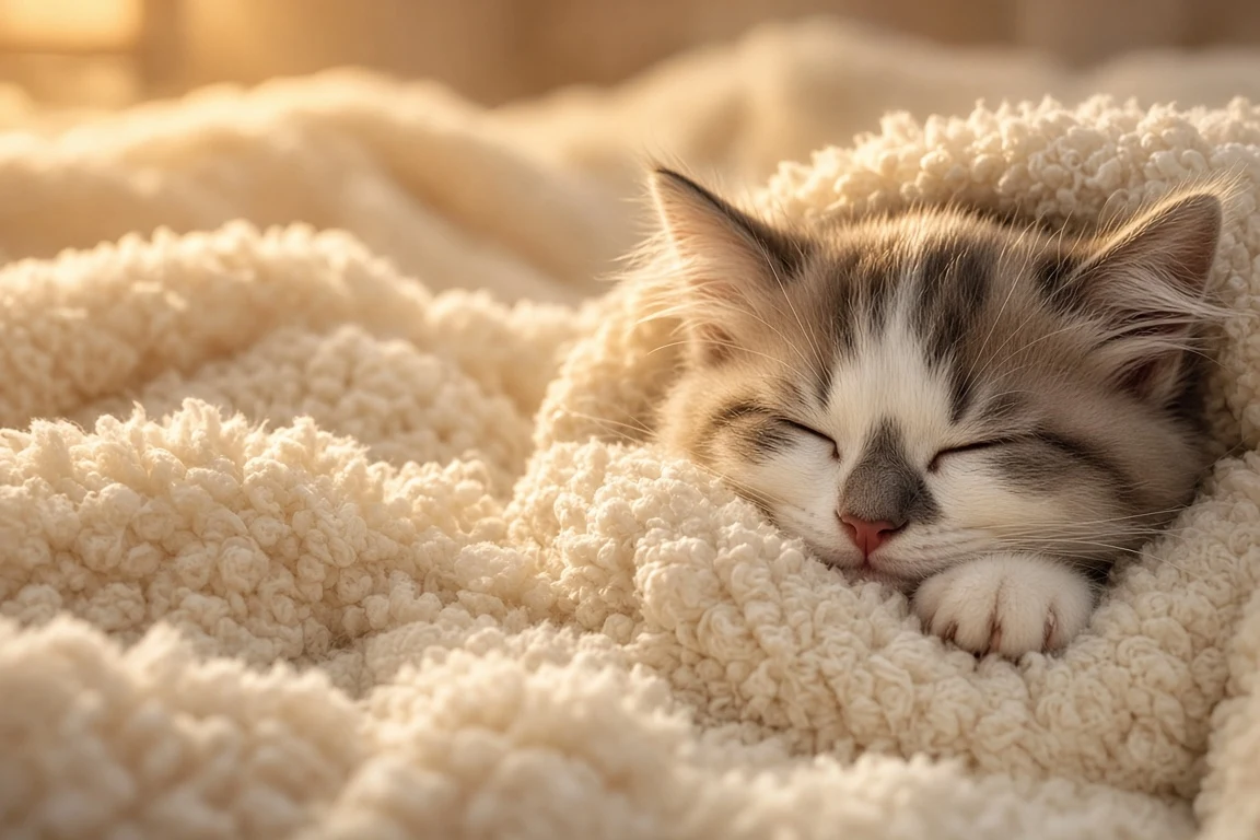 Macro Close-Up of Sleeping Ragdoll Kitten Nuzzled in Sherpa Fleece