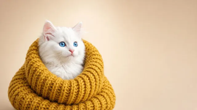 Fluffy White Kitten Peeking Through Mustard Knitted Snood Editorial