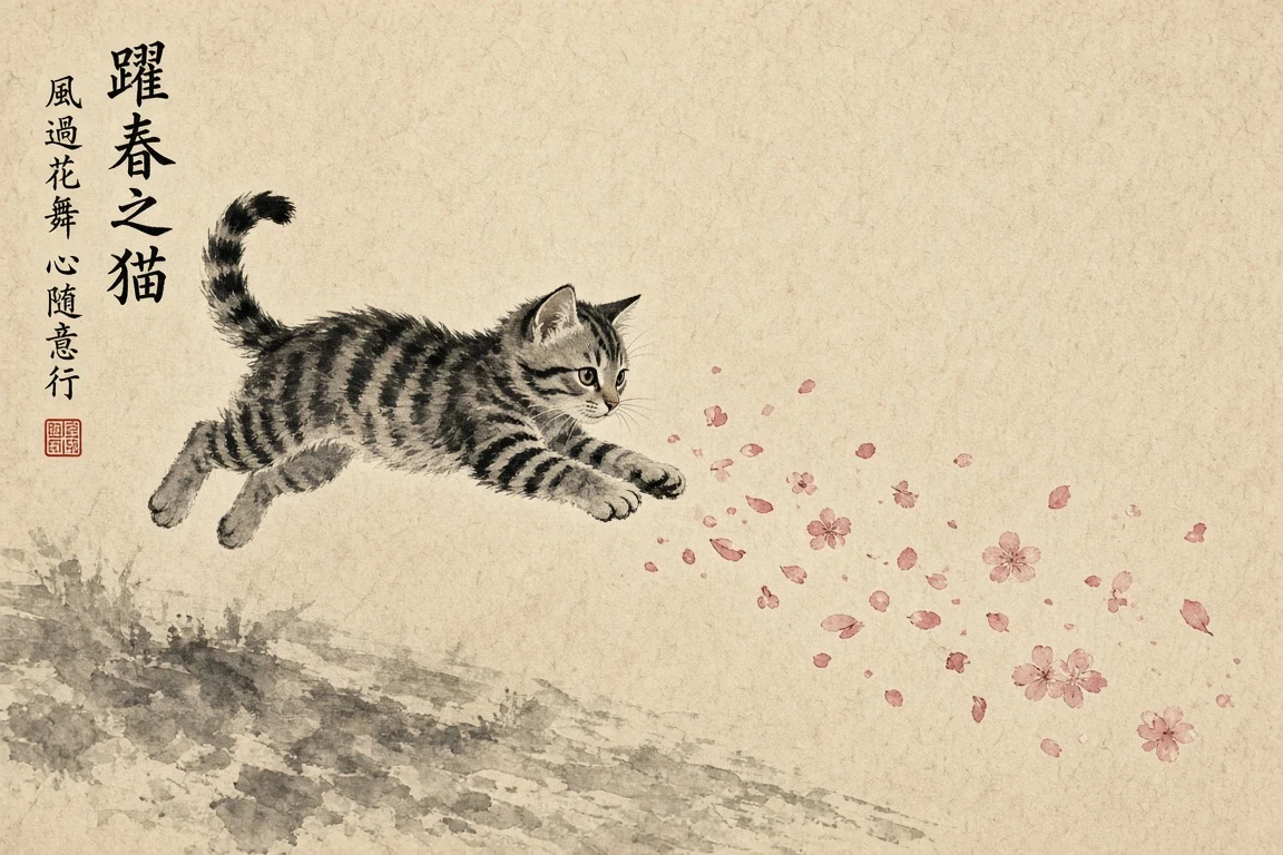 Minimalist Sumi-e and Watercolor Leaping Tiger Kitten and Cherry Blossoms