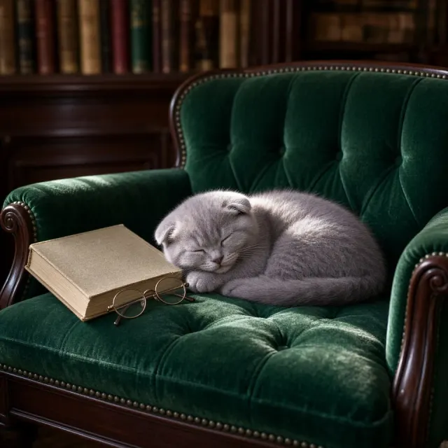 Grey Scottish Fold Curled on Emerald Velvet Armchair with Sunbeam