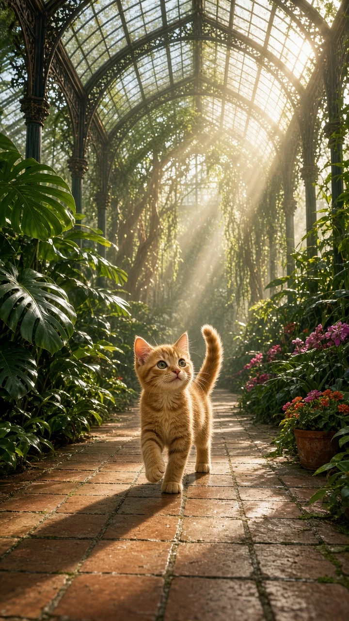 Ginger Kitten Exploring Lush Botanical Sunroom Glasshouse Panorama