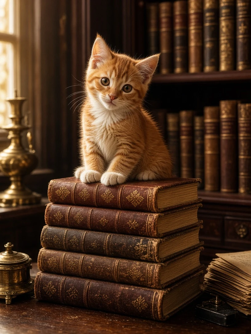 Auburn Kitten Perched on Antique Leather Books in Vintage Library