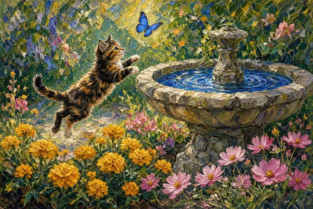 Impressionist Palette Knife Oil Painting of Tortoiseshell Kitten in Garden