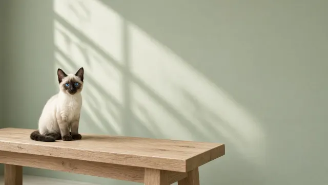 Siamese Kitten on Rustic Bench with Minimalist Pale Sage Wall
