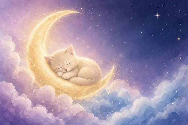 Pastel Dreamscape of Cream Kitten Curled on Golden Crescent Moon