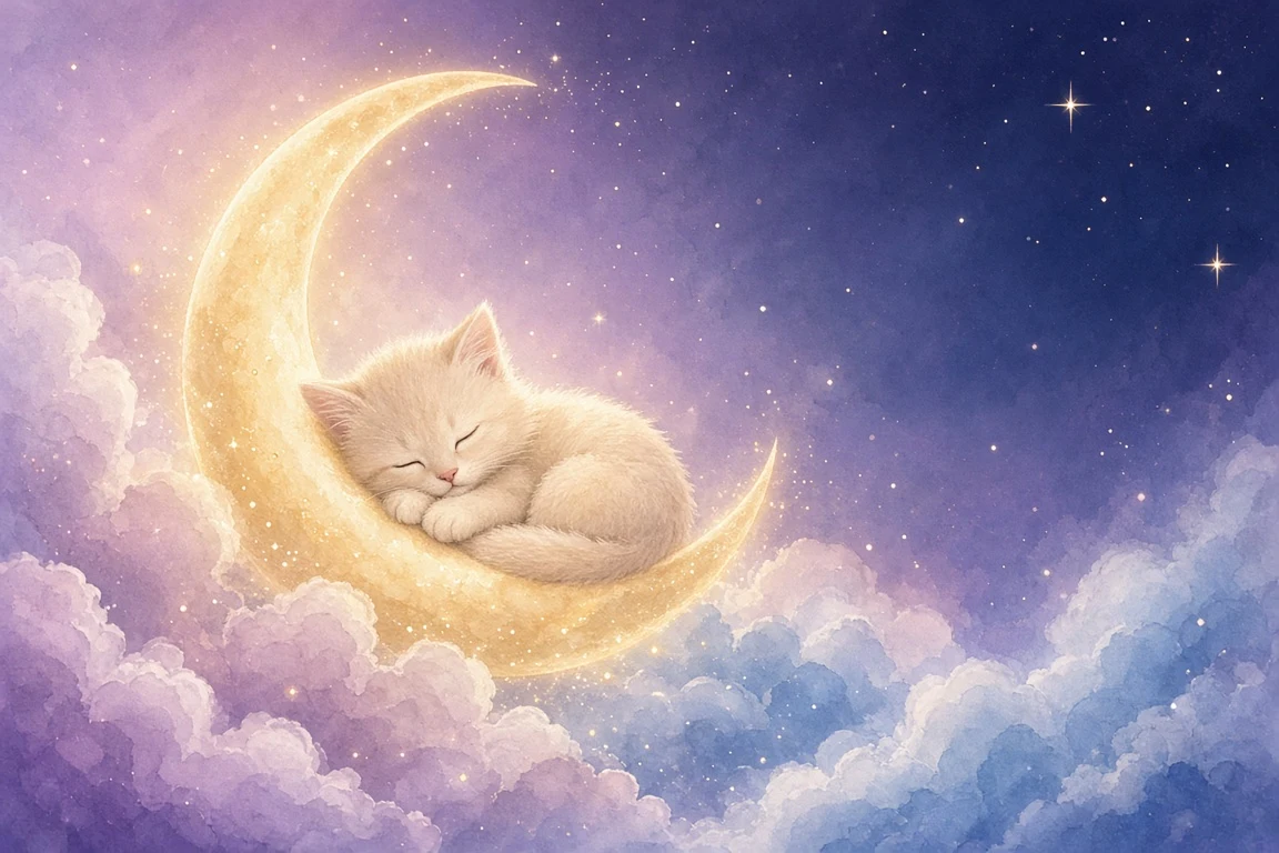 Pastel Dreamscape of Cream Kitten Curled on Golden Crescent Moon