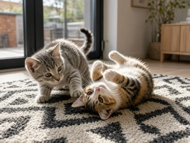 Kitten Siblings Playfully Wrestling on Modern Scandinavian Rug