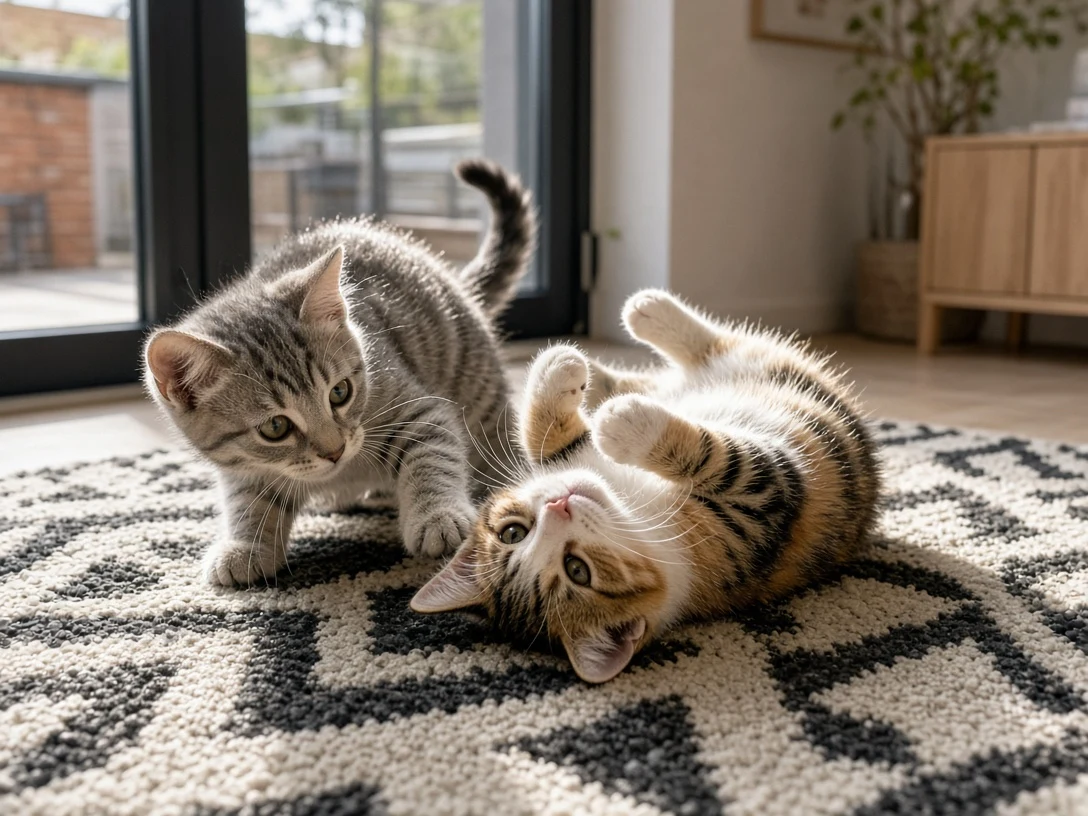 Kitten Siblings Playfully Wrestling on Modern Scandinavian Rug