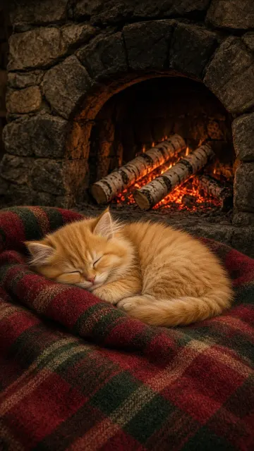 Fluffy Golden Kitten Snoozing by Cozy Rustic Fireplace Hearth