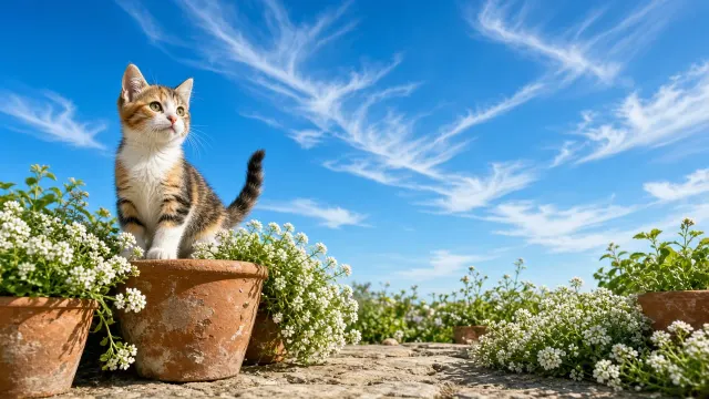 Low-Angle View of Calico Kitten Looking Upward into Open Sky