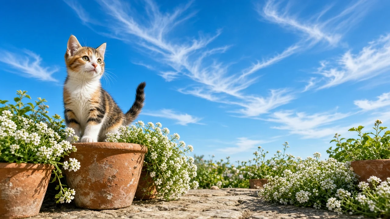 Low-Angle View of Calico Kitten Looking Upward into Open Sky