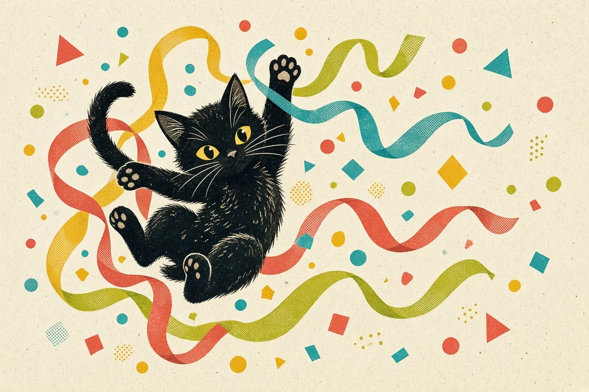 Mid-Century Modern Graphic Illustration of Kitten with Confetti