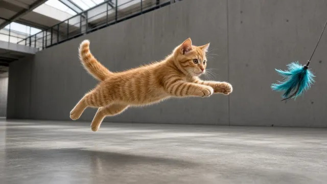 High-Speed Dynamic Action Shot of Ginger Kitten Pouncing Feather Wand
