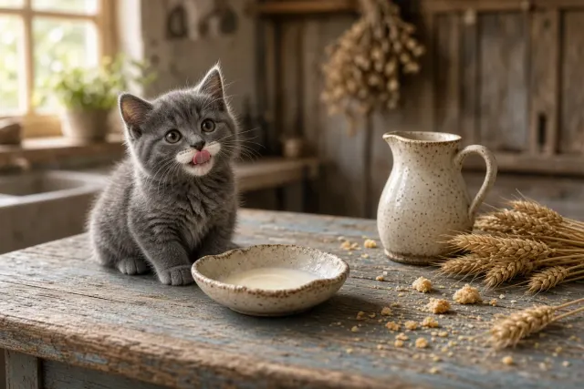 Charcoal Kitten with Sweet Cream Moustache Licking Ceramic Saucer