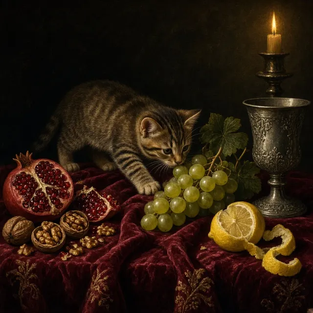 Classical Dutch Still Life Oil Painting with Inquisitive Tabby Kitten