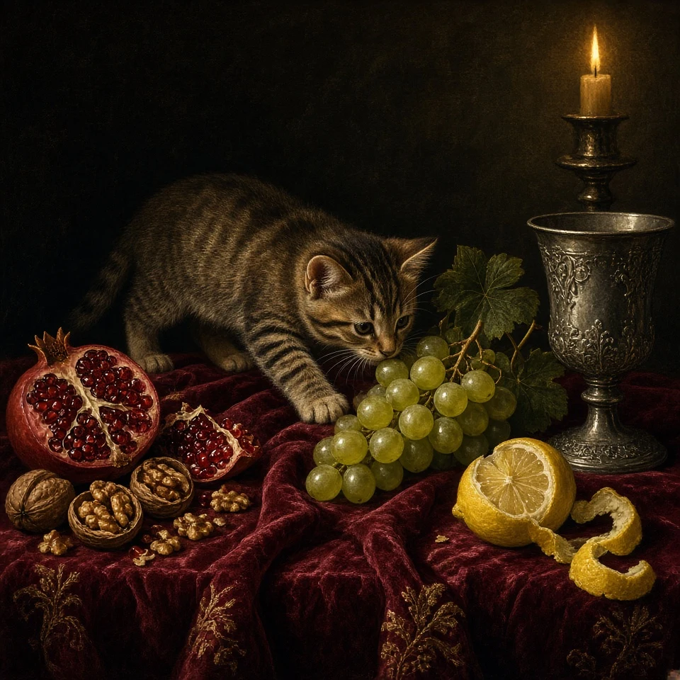 Classical Dutch Still Life Oil Painting with Inquisitive Tabby Kitten