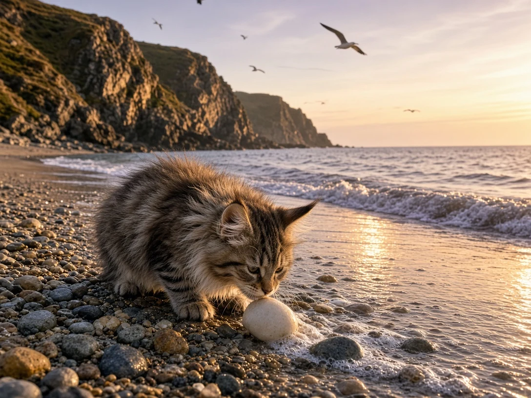 Norwegian Forest Kitten Strolling Sandy Sunset Shoreline Panorama