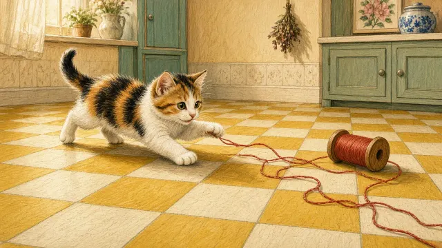 Colored Pencil and Gouache Illustration of Calico Kitten and Thread Spool