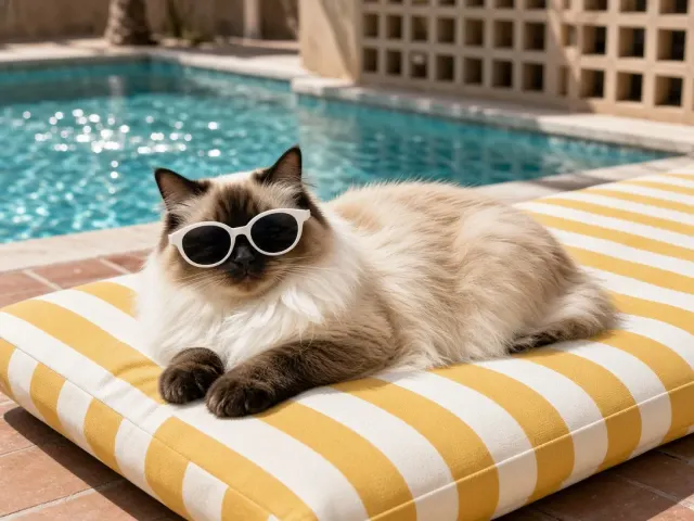 California Poolside Ragdoll Reclining in Oversized White Sunnies