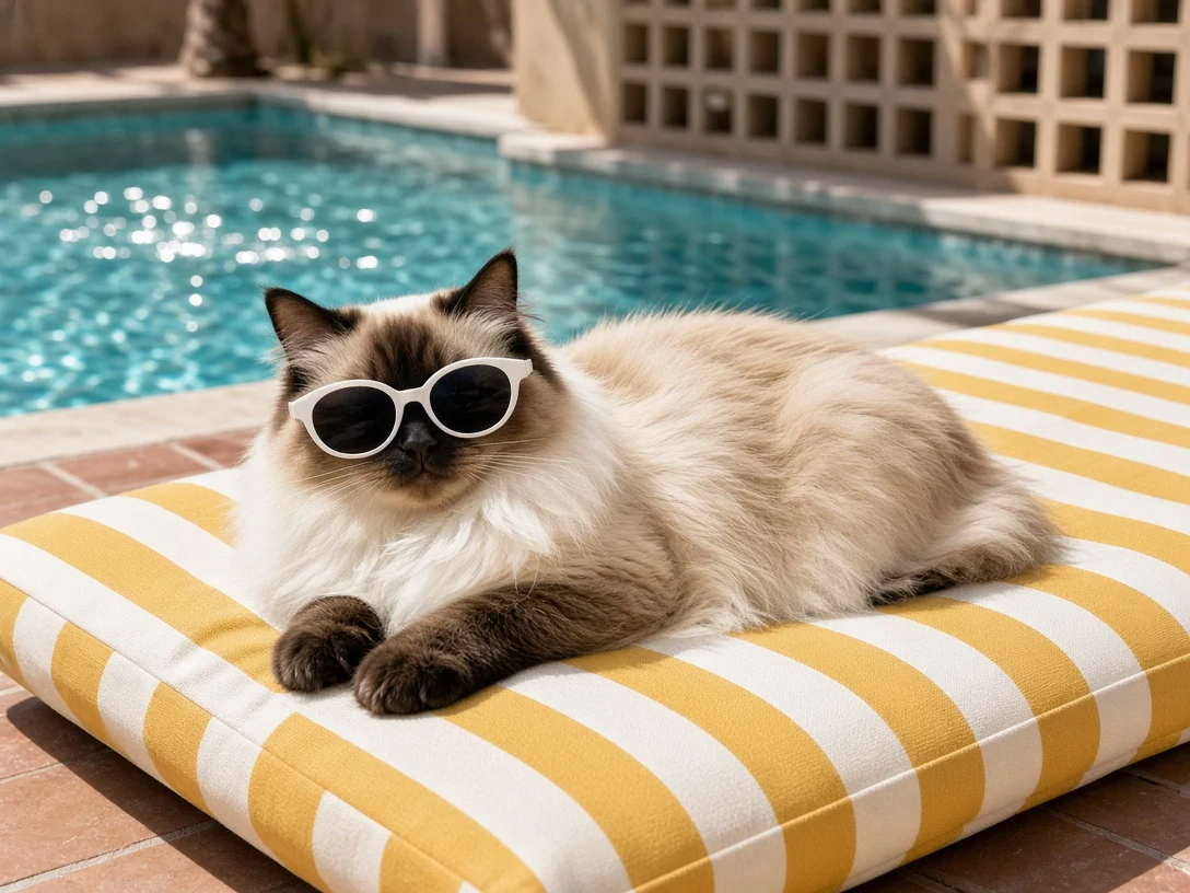 California Poolside Ragdoll Reclining in Oversized White Sunnies