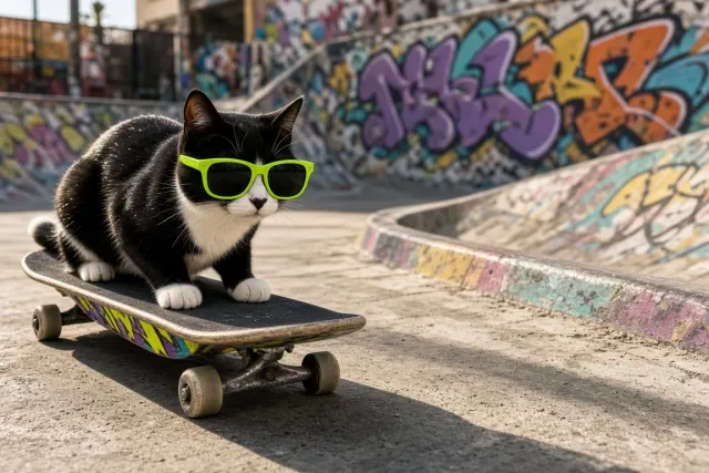 Urban Skater Tuxedo Cat with Neon-Trimmed Chunky Shades