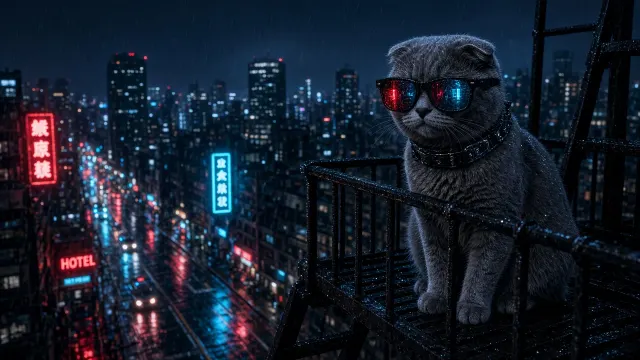Cinematic Neo-Noir Scottish Fold in Dark Acetate Shades