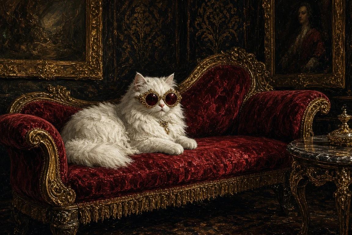 Rococo Baroque Persian Cat Oil Painting with Gilded Spectacles