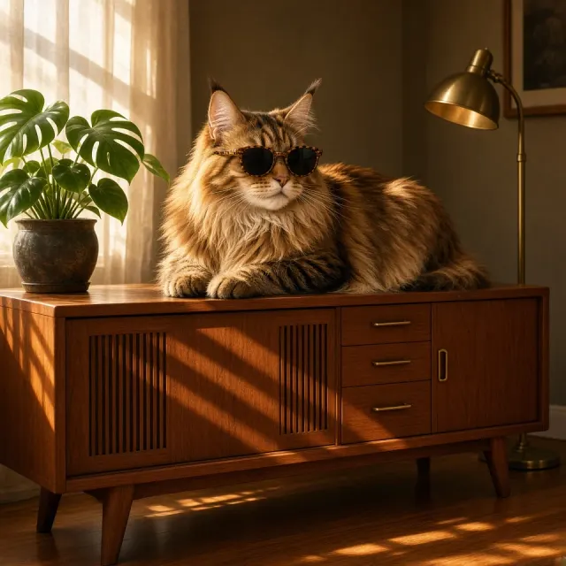 Mid-Century Modern Maine Coon in Walnut-Frame Shades