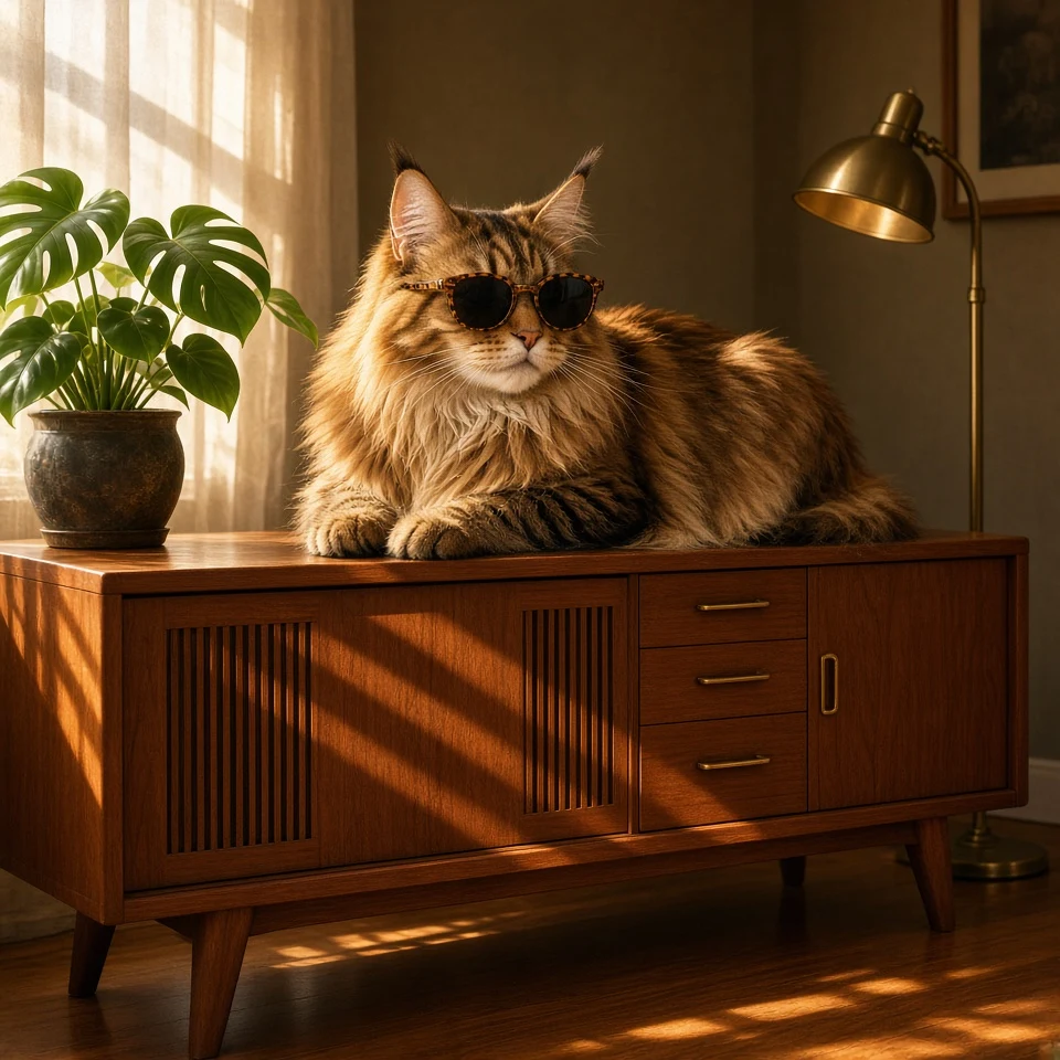 Mid-Century Modern Maine Coon in Walnut-Frame Shades