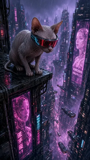 Cyberpunk Sphynx Cat with Glowing Visor Digital Concept Art