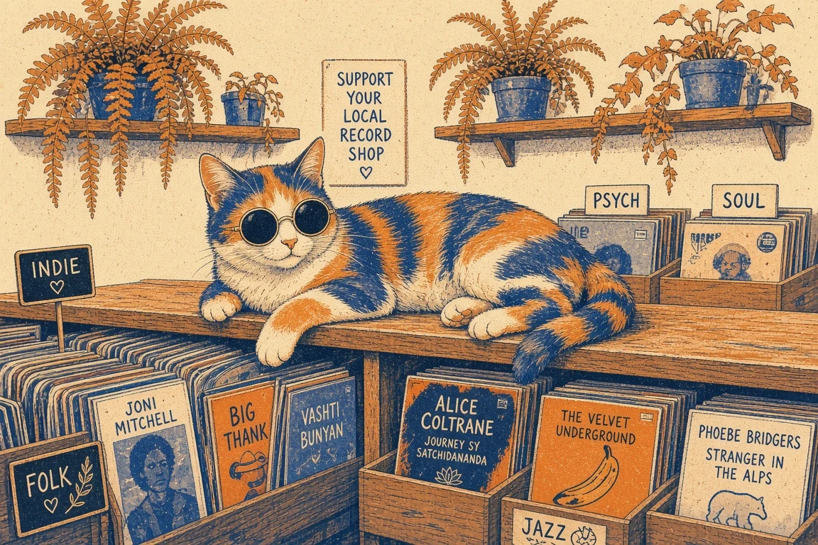 Indie Vinyl Shop Calico Cat in Wire Round Shades Risograph