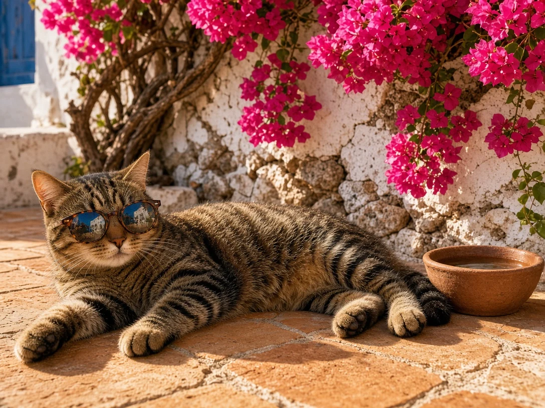 Mediterranean Villa Courtyard Brown Tabby with Amber Lenses