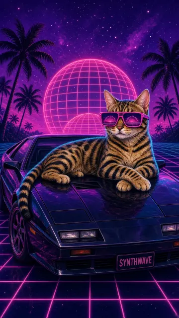 1980s Synthwave Bengal Cat on Sports Car Hood Gouache