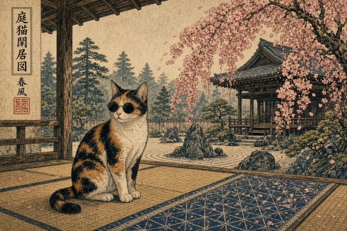 Traditional Japanese Woodblock Ukiyo-e Calico with Lacquered Sunnies